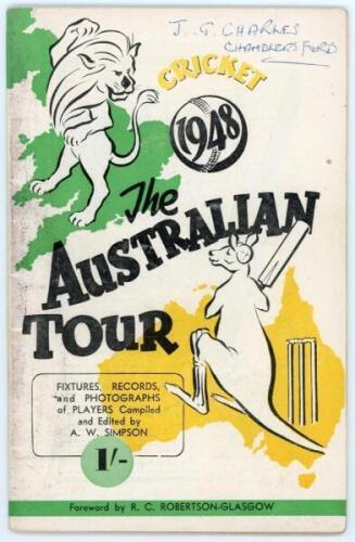 ‘The Australian Tour 1948’. Official souvenir brochure for the Australian tour of England. Edited by A.W. Simpson. Pictorial covers. Signed in ink to inside pen pictures by seven members of the touring party. Signatures are Hassett, Tallon, Brown, Miller,