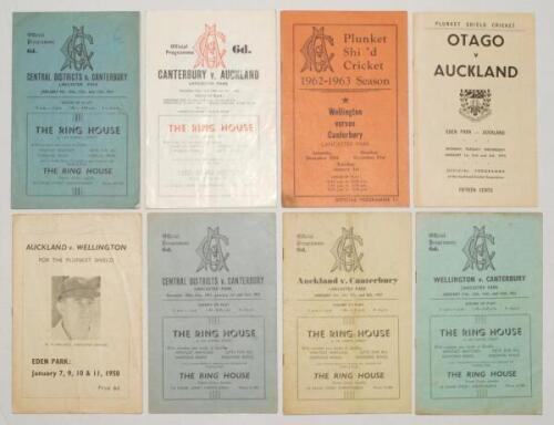 New Zealand domestic match programmes 1949/50-1972/73. Eight official match programmes for Plunket Shield matches. Auckland v Wellington, Eden Park, 7th- 11th January 1950. Central Districts v Canterbury, Lancaster Park, 29th December 1951- 2nd January 19