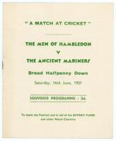 ‘A Match at Cricket. The Men of Hambledon v The Ancient Mariners’ 1951. Official eight page souvenir programme for a charity match played at ‘Broad Halfpenny Down’, 16th June 1951. Light folds, otherwise in good/ very good condition