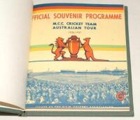 M.C.C. tour of Australia 1936/37. Official souvenir programme for the M.C.C. tour of Australia 1936/37. Issued by the N.S.W. Cricket Association. Attractive pictorial covers. With team detail, itinerary, player profile, pen pictures to inside pages. Bound