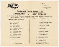 New Zealand inaugural tour to England 1927. Official programme for the Cumberland v New Zealand tour match played at Whitehaven on the 20th & 22nd August 1927. New Zealand won by an innings and 18 runs. Very good condition. Sold with an official souvenir 