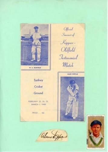 Kippax-Oldfield Testimonial Match’ 1949. Official souvenir programme for A.L. Hassett’s team v A.R. Morris’ team played at Sydney Cricket Ground, 25th February- 1st March 1949. The programme loose mounted to sheet with a signature in ink of Kippax on piec