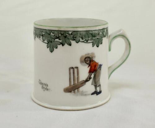 ‘There’s Style’. A small Royal Doulton Black Boy mug or tankard, entitled ‘There’s Style’ printed, to one side, with a boy cricketer in a blue shirt, red waistcoat, grey trousers and a floppy hat taking guard in front of the stumps with bat almost horizon