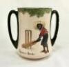 ‘Out for a Duck’ and ‘There’s Style!’. Royal Doulton Black Boy tall two handled ‘loving cup’ mug with two different images and titles, printed to one side, with a boy cricketer in red shirt, grey trousers and a floppy hat in batting pose having attempted - 2