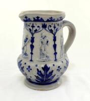 Westerwald blue stoneware cricket jug, moulded in relief with eight cameo panels of a batsman, believed to be W.G. Grace, in different poses, coloured in cobalt blue and lighter blue. The body decorated with vine and sprig decoration in cobalt blue on a g