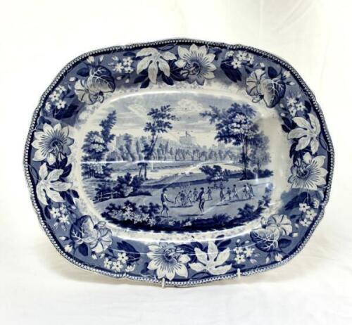 ‘Cricket at Windsor Castle meat dish’. A very large and impressive oval Goodwin & Harris ‘Metropolitan Scenery’ meat dish with juice well, with grooved drainage channels to the flat surface to direct the juices flow, printed in blue and embellished with a