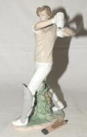 Lladro, Spain. ‘Cricket Player’. Elegant porcelain figure of a cricketer playing a flowing drive, designed by the sculptor, Regino Torrijos. Maker’s mark to base, dated 2001, withdrawn from circulation in 2005. 17” tall. Sadly the bat has broken at the ha