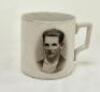 Harold Larwood. Nottinghamshire & England 1924-1938. A Staffordshire mug, printed with a sepia vignette portrait of Harold Larwood, head and shoulders with name beneath, with crossed bats, stumps and ball to reverse. Strap handle. 3.75” tall. Appears to h