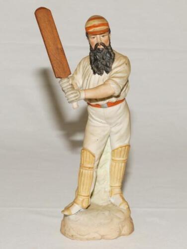 W.G. Grace. Continental, probably German, bisque figure of W.G. Grace in batting pose wearing pads and gloves and M.C.C. cap and belt. Approx 9.5” tall. Possible replacement wooden bat otherwise in good condition