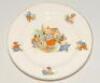 Childs sporting plate. Ceramic plate with centre piece of three dogs playing cricket, with borders showing five animals playing different sports including cricket. 7” diameter. ‘Staffs Teaset Ltd’, Tunstall. Sold with a ‘Patum Peperium’ circular dish and