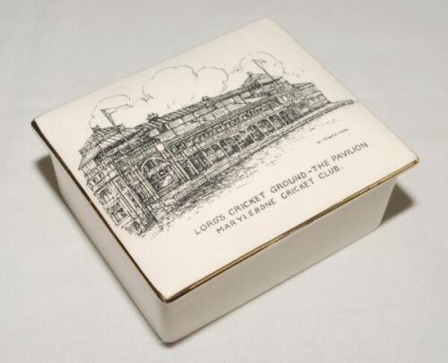 ‘The Pavilion. Lord‚‘s Cricket Ground. Marylebone Cricket Club‚‘. A Sandland, Staffordshire ceramic trinket/cigarette box with transfer print of the pavilion at Lord‚‘s to lid. Gold lustre to rims. Approx. 4.5”x3.5”x2” high. G/VG