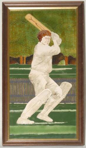 Majolica cricket tiles. Two modern square tiles mounted together to form a full length figure of a batsman playing a shot, with trees and picket fence in the background. Maw & Co. Ltd, Stoke-on-Trent. Nicely framed, overall approx. 9”x17”. VG