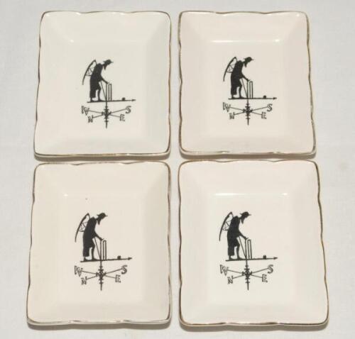 Lord’s. Four small Sandland Ware pin trays with transfer printed images depicting the ‘Old Father Time’ weather vane. Gold lustre to rims. Each measures 2.75”x3.5”. G/VG