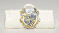 Cricket bag. Small crested china cricket bag with colour emblem for ‘Bournemouth’. Approx 3.25” long. Arcadian China. G