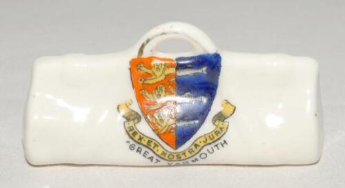 Cricket bag. Small crested china cricket bag with colour emblem for ‘Great Yarmouth’. Approx 3.25” long. Arcadian China. G