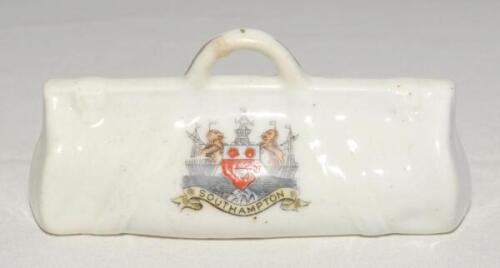 Cricket bag. Large crested china cricket bag with colour emblem for ‘Southampton’. No maker’s mark (Dainty China ware?). Approx 4.25” long. G