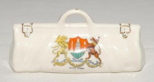 Cricket bag. Large crested china cricket bag with colour emblem for ‘West Kirby’. Victoria China. Approx 4.25” long. G