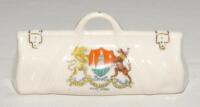 Cricket bag. Large crested china cricket bag with colour emblem for ‘West Kirby’. Victoria China. Approx 4.25” long. G