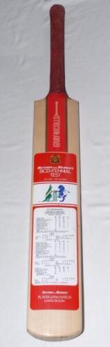 Bicentennial Test Match. Australia v England. Sydney Cricket Ground 29th January to 2nd February 1988. Official Gray Nicholls ‘Benson & Hedges’ (sponsors) full size bat with printed details and scorecard of the game to face. To reverse are the ink signatu