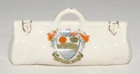 Cricket bag. Very large crested china cricket bag with colour emblem for ‘Matlock Bath’. Victoria China. Approx 4.5” long. G