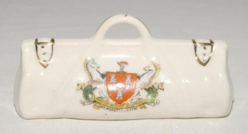 Cricket bag. Very large crested china cricket bag with colour emblem for ‘Newcastle-on-Tyne’. Florentine China. Approx 4.5” long. G