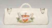 Cricket bag. Very large crested china cricket bag with colour emblem for ‘Newcastle-on-Tyne’. Florentine China. Approx 4.5” long. G