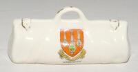 Cricket bag. Very large crested china cricket bag with colour emblem for ‘Woolwich’. Cyclone H.H.A. & S.. Approx 4.5” long. G