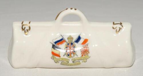 Cricket bag. Very large crested china cricket bag with colour emblem for ‘The Triple Entente. The Allied Armies. United We Stand’. ‘British Manufacture’. Approx 4.5” long. G