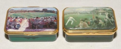 Enamel cricket pill boxes. Two matching oblong pill boxes, each depicting a scene from famous painting of Lord’s. Maker unknown with no maker’s marks. VG