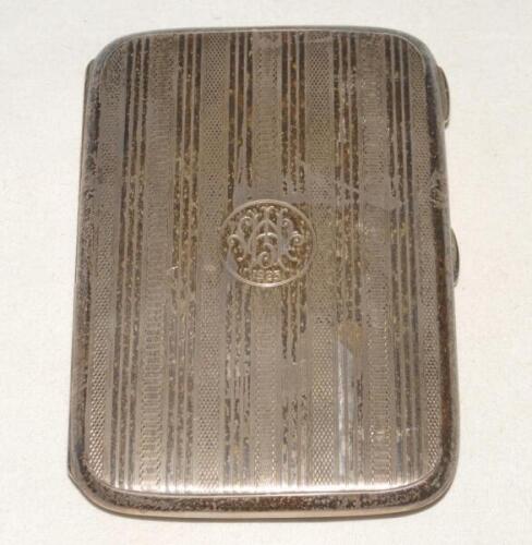 John William Hearne. Middlesex & England 1909-1936. Attractive silver cigarette case, decorated to both sides in alternate line patterns, with initials ‘J.W.H.’ and ‘1925’ to circle at centre. The case, with gilt inner lining, measures approx 5”x3.25”. Ha