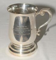 Cricket tankard. EPNS nickel silver plated pint tankard with engraving, ‘Presented to John Turner in appreciation of his services to Redcar Cricket Club’. Maker’s mark ‘J.R.’. 5” tall. VG