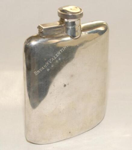 Bryan Herbert Valentine. Kent, Cambridge University & England 1927-1948. Hallmarked silver hip flask engrave ‘Bryan H. Valentine 8.4.44’. Maker’s mark for James Dixon & Sons of Sheffield, 1943 to base. Accompanying note of authenticity states that the fla