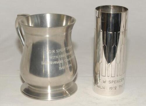 Thomas William Spencer. Kent 1935-1947 and Test umpire. Cylindrical silver metal trophy with encircling cricket bat motifs and engraved ‘T.W. Spencer. England v Australia 1972 The Prudential Trophy’. 5.5” tall. Sold with a pewter pint tankard by ‘Abbey’, 