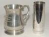 Thomas William Spencer. Kent 1935-1947 and Test umpire. Cylindrical silver metal trophy with encircling cricket bat motifs and engraved ‘T.W. Spencer. England v Australia 1972 The Prudential Trophy’. 5.5” tall. Sold with a pewter pint tankard by ‘Abbey’, - 2