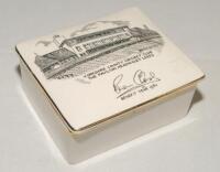 Brian Close Benefit Year 1961. Sandland Ware rectangular trinket box with lid depicting a transfer printed image of the Headingley pavilion, and printed signature of Brian Close ‘Benefit Year 1961’ below. Gold lustre to lid and box rims. Approx. 4.5”x3.5”