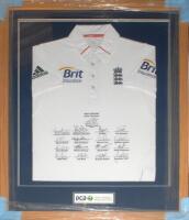 England tour to India 2012/13. England short sleeve white shirt with three lions and crown emblem to chest, and sponsor’s logos to chest and sleeves. The shirt fully signed to the front by the seventeen playing members of the England touring party with pr