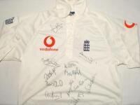 England c.1999. White short sleeve shirt with three lions emblem to chest, and Vodafone sponsor’s logos to chest and sleeve. Signed to the front by twelve England players including Hussain, Flintoff, Gough, Butcher, Atherton, Ramprakash, Caddick, Croft et