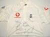 England c.1999. White short sleeve shirt with three lions emblem to chest, and Vodafone sponsor’s logos to chest and sleeve. Signed to the front by twelve England players including Hussain, Flintoff, Gough, Butcher, Atherton, Ramprakash, Caddick, Croft et