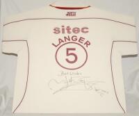 Justin Langer. Somerset 1st XI long sleeve shirt worn by Langer during his playing career with Somerset. The white shirt with maroon trim, County emblem and ‘Pegasus’ sponsor’s logo to front, with further sponsor’s logos to sleeves, collars and back, and 