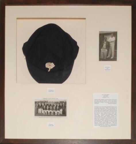 John Victor &lsquo;Vic&rsquo; Wilson. Yorkshire 1946-1962. Yorkshire navy blue cloth 1st XI cricket cap with embroidered Yorkshire white rose emblem to front. The cap box mounted with printed caption &lsquo;Vic Wilson&rsquo;s County Cap&rsquo; below, mounted with two mono photograph/ 