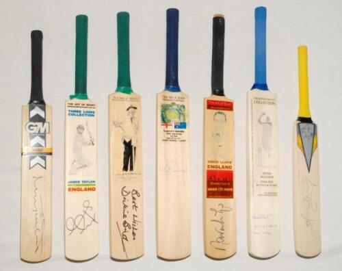 Signed miniature cricket bats. Seven miniature bats including a Gunn & Moore ‘Hero’ signed by Marcus Trescothick 16.5”. Four ‘Art of Sport Miniature Collection’ bats individually signed by Dickie Bird 17.5”, Monty Panesar 2009 Cardiff Test v Australia 18”