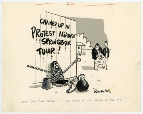 Stanley McMurtry ‘MAC’ 1936 to date. ‘Proposed cricket tour of England by South Africa 1970’. Amusing original pen and ink with wash cartoon artwork depicting a bearded protestor chained to a cricket sightscreen with message painted to the sightscreen ‘Ch