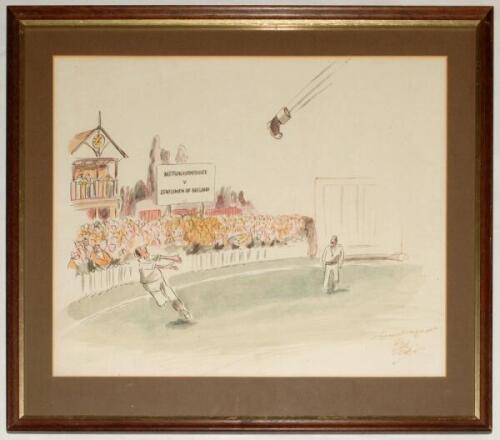 Bill Tidy. ‘Nottinghamshire v Gentlemen of Ireland’. Original pen, ink and watercolour humorous cartoon depicting two fielders in the outfield, one running to attempting to catch a flying wellington boot, with crowds looking on from the pavilion in the ba