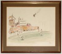 Bill Tidy. ‘Nottinghamshire v Gentlemen of Ireland’. Original pen, ink and watercolour humorous cartoon depicting two fielders in the outfield, one running to attempting to catch a flying wellington boot, with crowds looking on from the pavilion in the ba