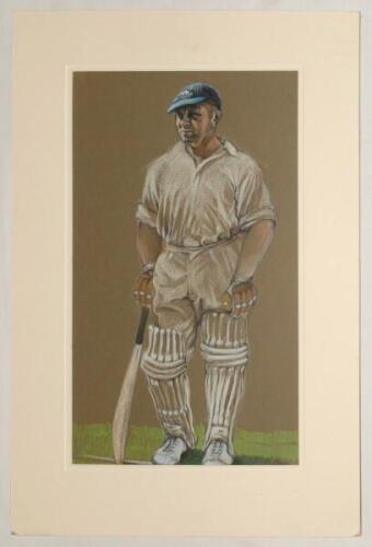 Maurice Leyland, Yorkshire & England. Original large pastel study by artist Ken Taylor, Huddersfield Town, Yorkshire C.C.C & England, of Leyland depicted full length standing at the crease, one hand resting on his bat, wearing a Yorkshire cap. Signed by T