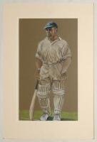 Maurice Leyland, Yorkshire & England. Original large pastel study by artist Ken Taylor, Huddersfield Town, Yorkshire C.C.C & England, of Leyland depicted full length standing at the crease, one hand resting on his bat, wearing a Yorkshire cap. Signed by T