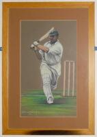 Maurice Leyland, Yorkshire & England. Original large pastel study by artist Ken Taylor, Huddersfield Town, Yorkshire C.C.C & England, of Leyland depicted full length in batting action wearing a Yorkshire cap, playing an attacking shot to leg. Signed by Ta