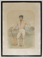 Frederick Peel Miller. Surrey 1851-1867. ‘F.P. Miller Esq’. Large hand coloured tinted lithograph by John Corbett Anderson of Miller in blue cap and cricket attire on the cricket pitch leaning on a bat. Published by Frederick Lillywhite, May 1856, printed