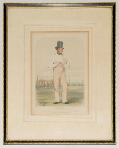 William Hillyer. ‘Sketches at Lord’s No 3’, Kent & All England 1835-1853. Original colour lithograph of Hillyer in cricket attire holding a cricket ball, wearing a top hat with large house and trees to the background. Published by John Corbet Anderson and