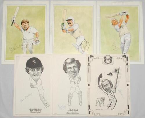 Signed cricketer prints and caricatures. Ten prints of cricketers, the majority disbound from titles including ‘Lord’s Taverners Fifty Greatest’ etc., each print signed by the featured player. Prints are Bob Woolmer, Asif Iqbal (Kent) by D. Waugh, Keith F